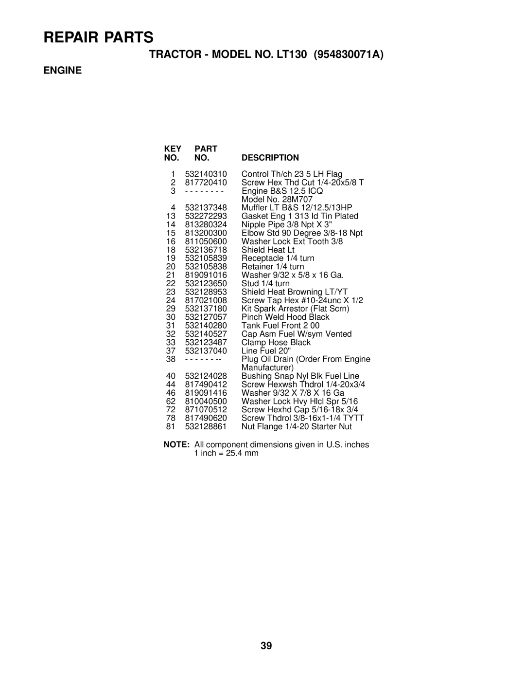 Husqvarna LT130 owner manual Stud 1/4 turn 