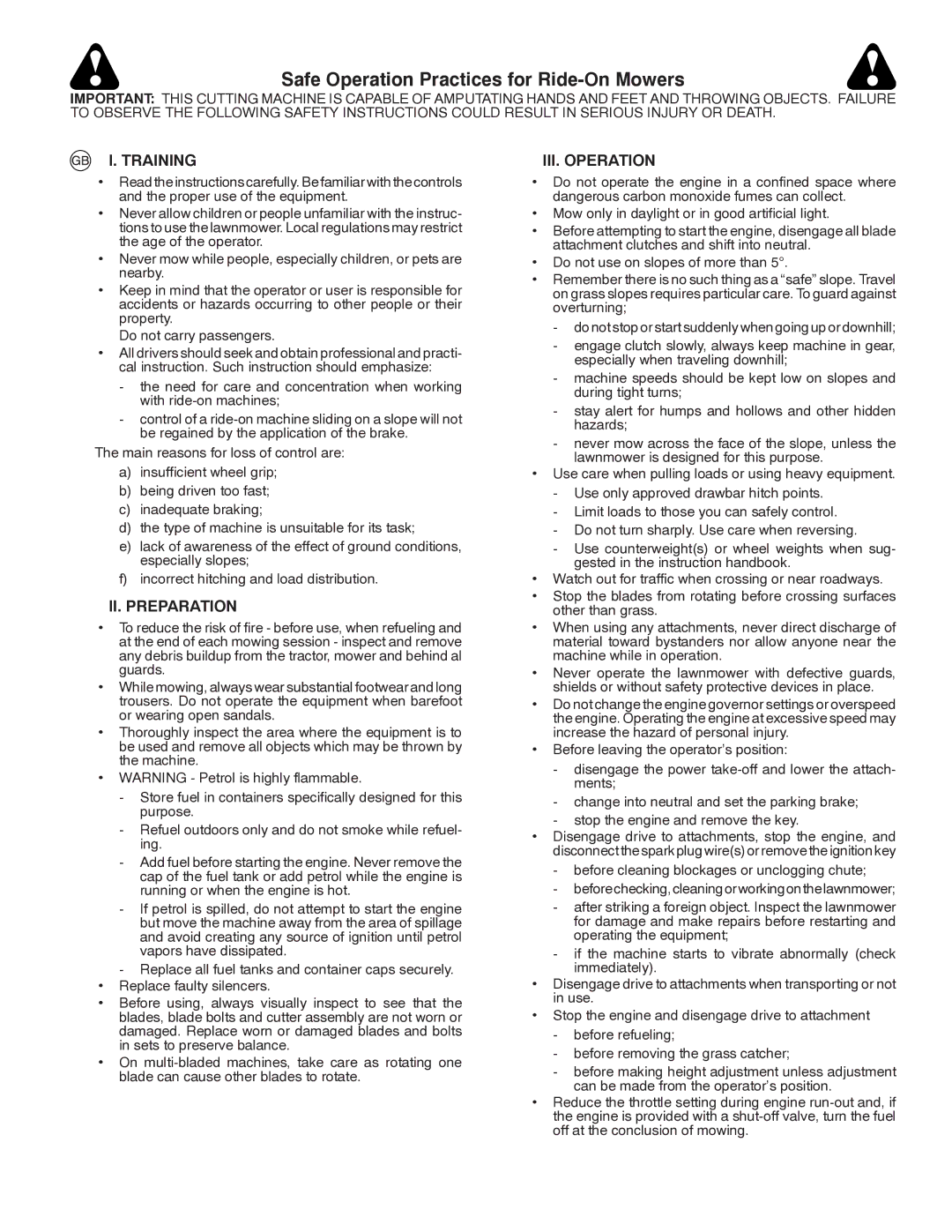 Husqvarna LT131 instruction manual Safety Rules, Training, II. Preparation, III. Operation 