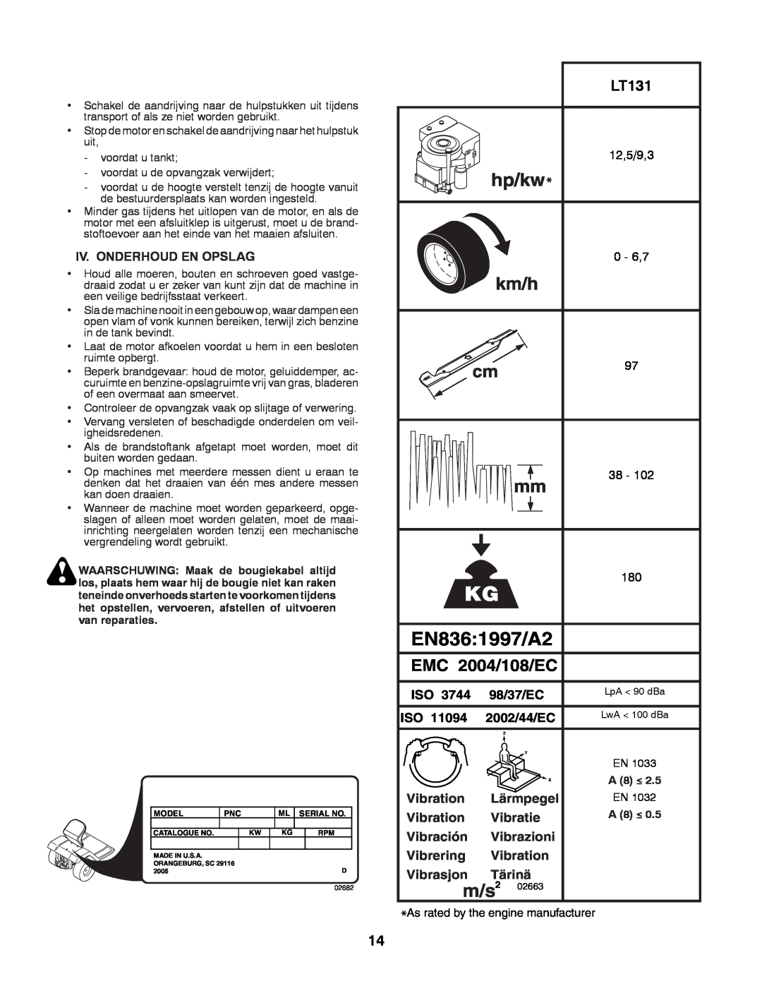 Husqvarna LT131 EN8361997/A2, m/s2, EMC 2004/108/EC, 98/37/EC, 2002/44/EC, Vibration, Lärmpegel, Vibratie, Vibración 