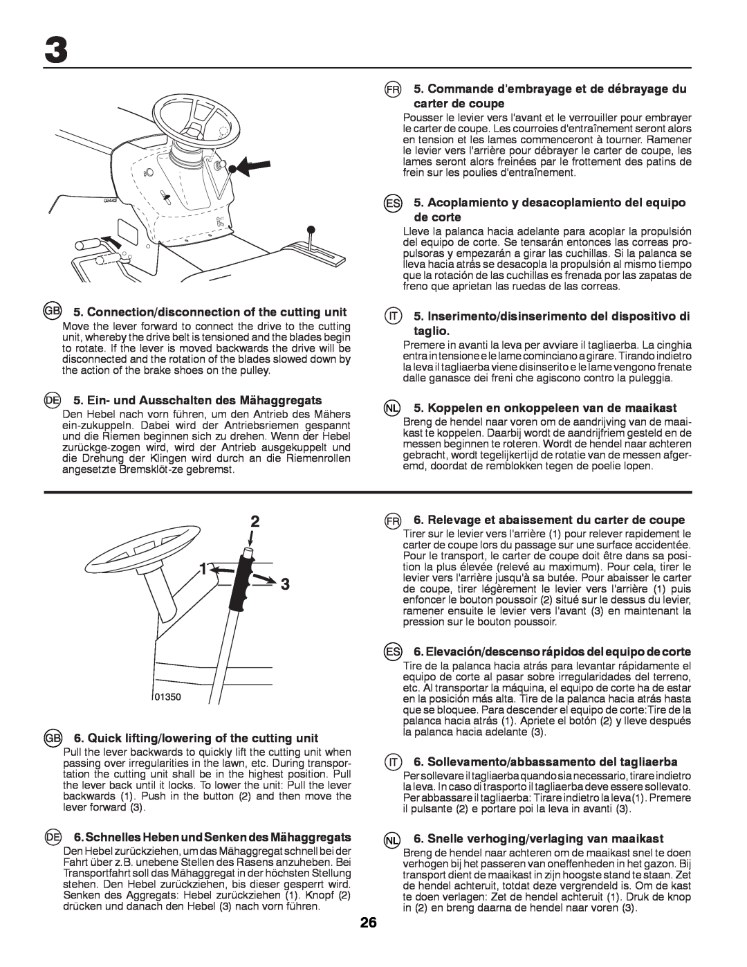 Husqvarna LT131 instruction manual Connection/disconnection of the cutting unit, Ein- und Ausschalten des Mähaggregats 