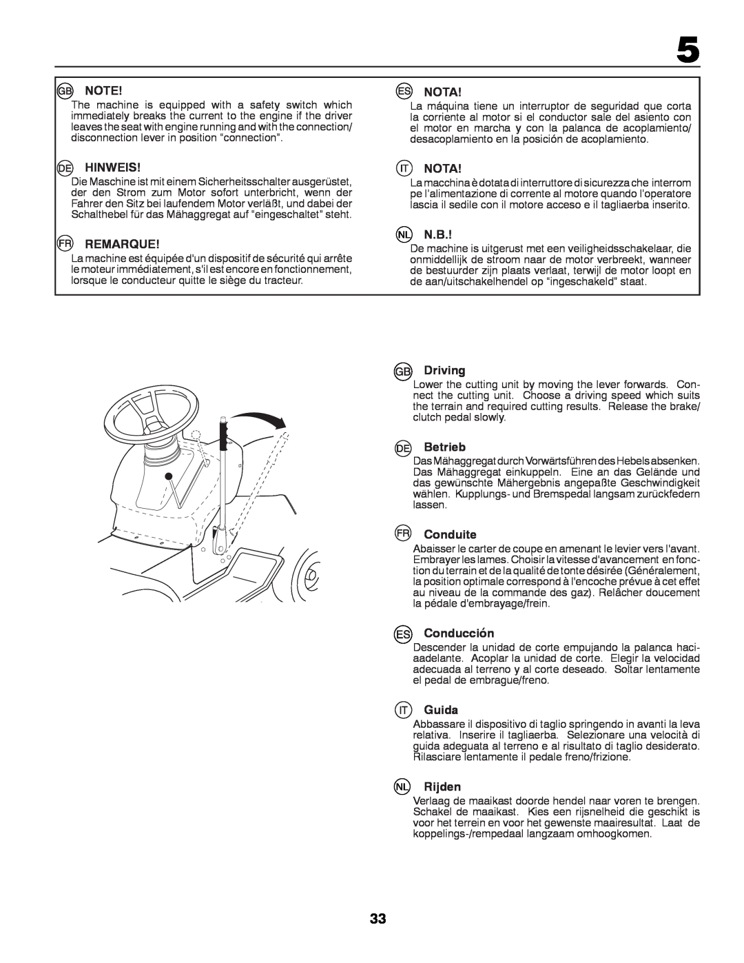 Husqvarna LT131 instruction manual Nota, Hinweis, Remarque, Driving, Betrieb, Conduite, Conducción, Guida, Rijden 