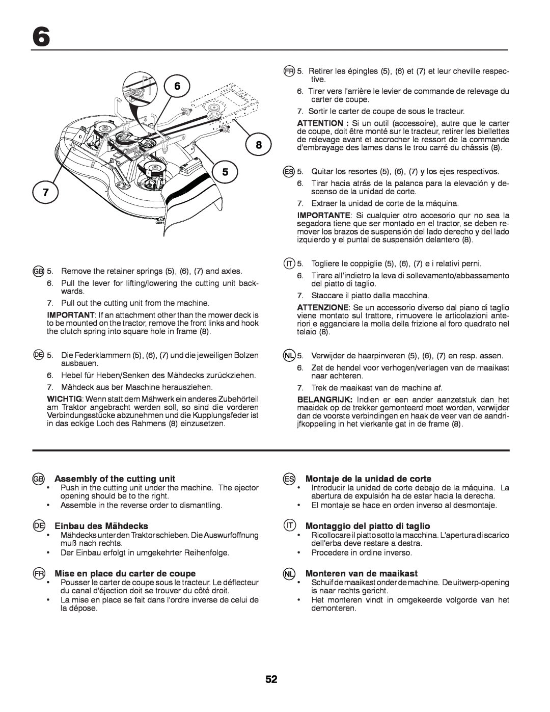 Husqvarna LT131 instruction manual Assembly of the cutting unit, Einbau des Mähdecks, Mise en place du carter de coupe 