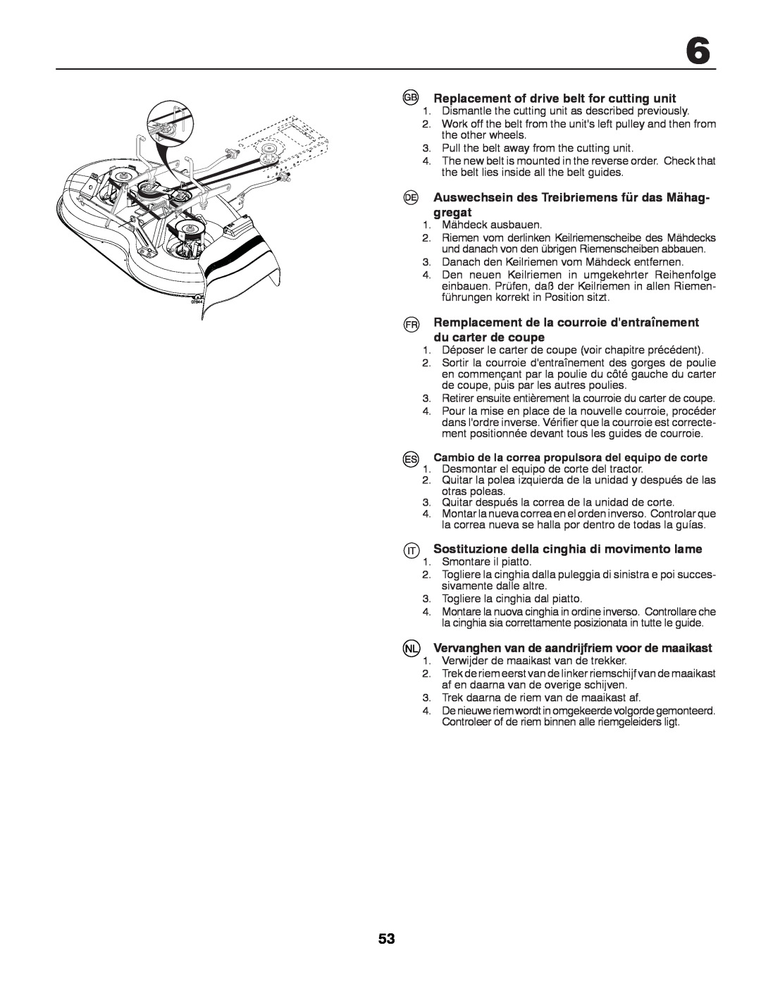 Husqvarna LT131 Replacement of drive belt for cutting unit, Auswechsein des Treibriemens für das Mähag, gregat 