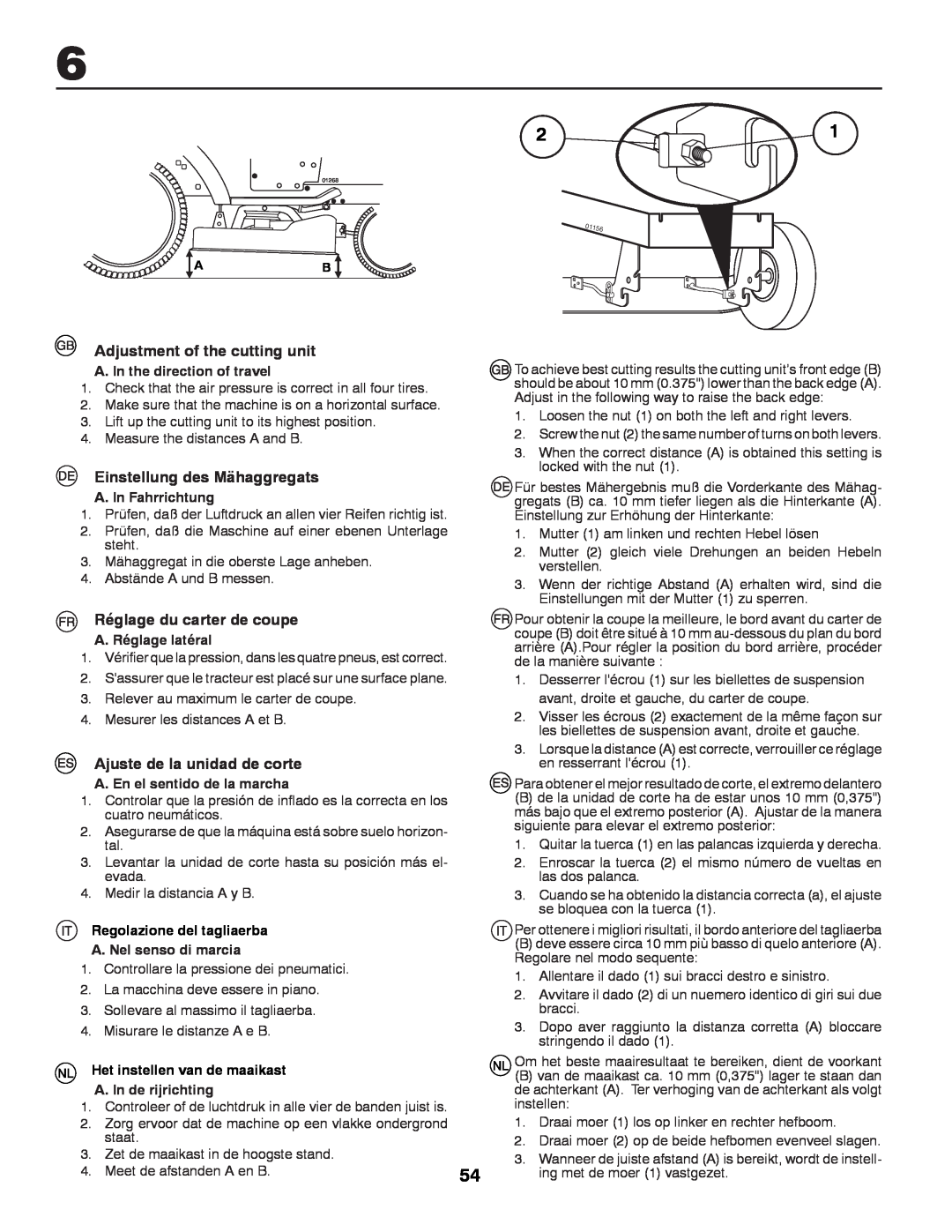 Husqvarna LT131 instruction manual Adjustment of the cutting unit, Einstellung des Mähaggregats, Réglage du carter de coupe 