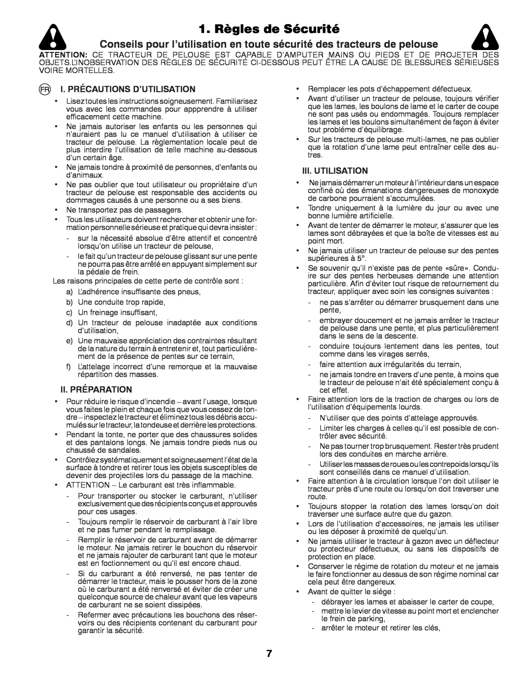 Husqvarna LT131 instruction manual 1. Règles de Sécurité, I. Précautions D’Utilisation, Ii. Préparation, Iii. Utilisation 