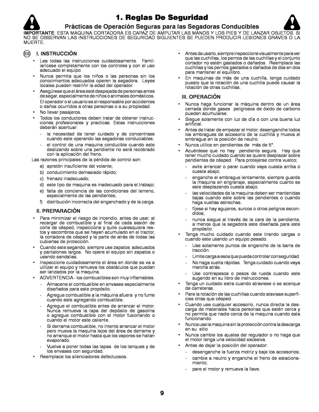 Husqvarna LT131 Reglas De Seguridad, Prácticas de Operación Seguras para las Segadoras Conducibles, I. Instrucción 
