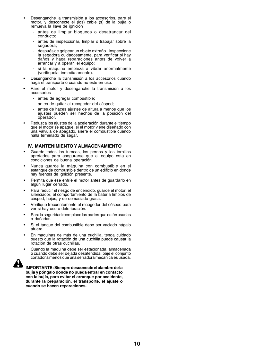 Husqvarna LT135 instruction manual IV. Mantenimiento Y Almacenamiento 