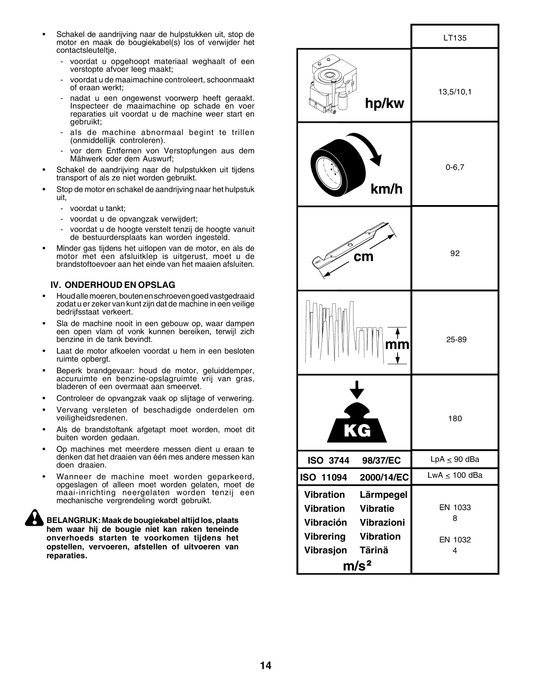 Husqvarna instruction manual IV. Onderhoud EN Opslag, 2000/14/EC, LT135 13,5/10,1 25-89 180 LpA 90 dBa LwA 100 dBa 