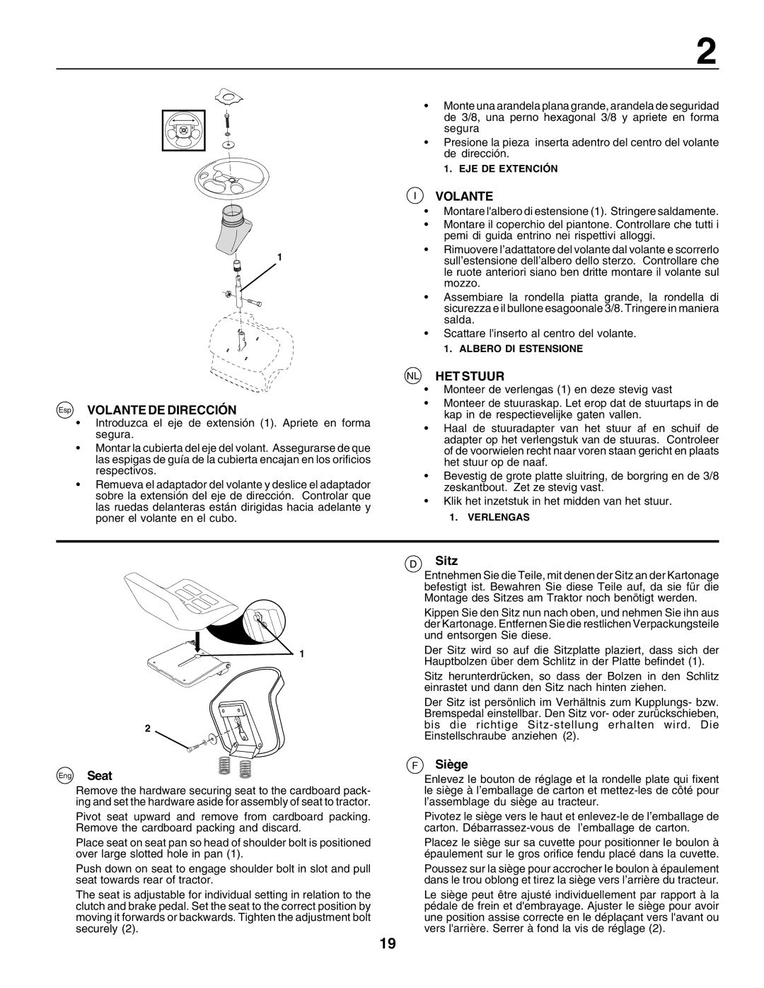 Husqvarna LT135 instruction manual Esp Volante DE Dirección, NL HET Stuur, Sitz, Siège 