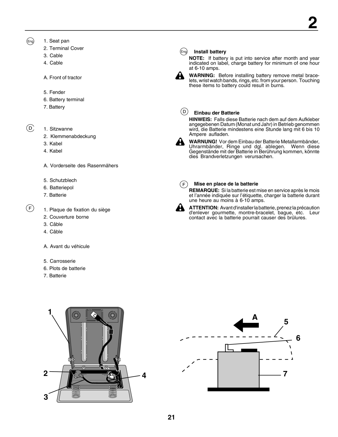 Husqvarna LT135 instruction manual Install battery, Einbau der Batterie, Mise en place de la batterie 