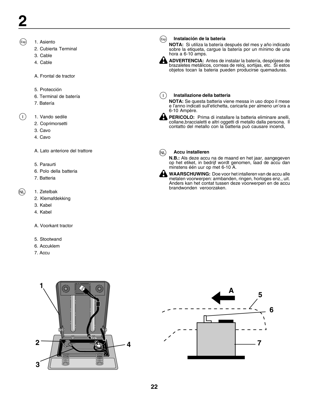 Husqvarna LT135 instruction manual Esp Instalación de la batería, Installazione della batteria, NL Accu installeren 