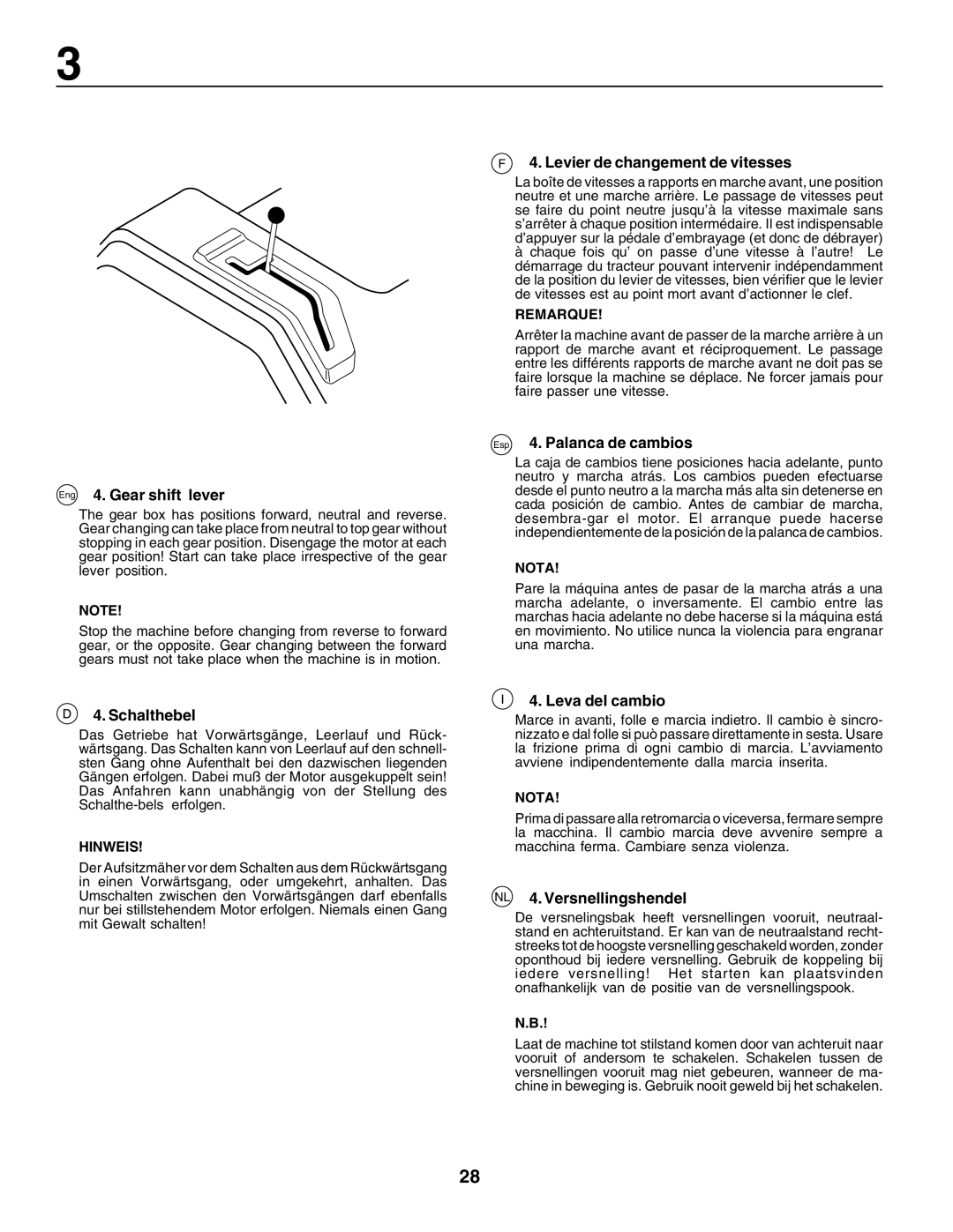 Husqvarna LT135 Eng 4. Gear shift lever, Schalthebel, Levier de changement de vitesses, Esp 4. Palanca de cambios 