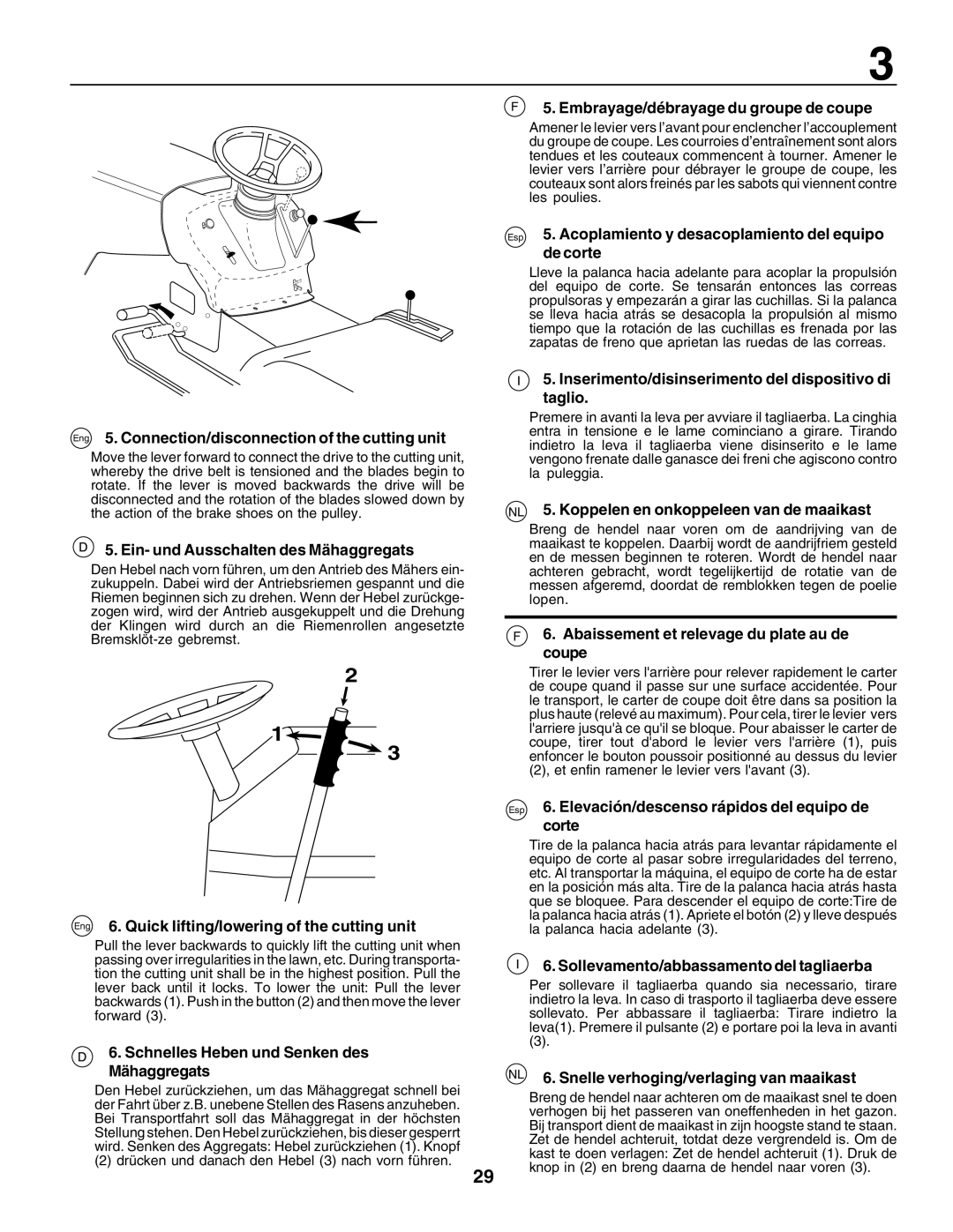 Husqvarna LT135 Eng 5. Connection/disconnection of the cutting unit, Ein- und Ausschalten des Mähaggregats 