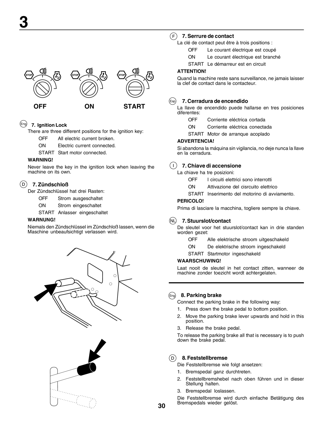 Husqvarna LT135 Serrure de contact, Esp 7. Cerradura de encendido, Zündschloß, Chiave di accensione, Eng 8. Parking brake 