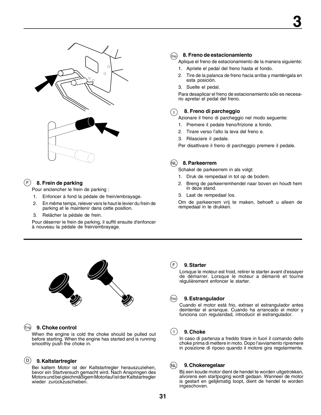 Husqvarna LT135 Frein de parking, Esp 8. Freno de estacionamiento, Freno di parcheggio, NL 8. Parkeerrem, Starter, Choke 