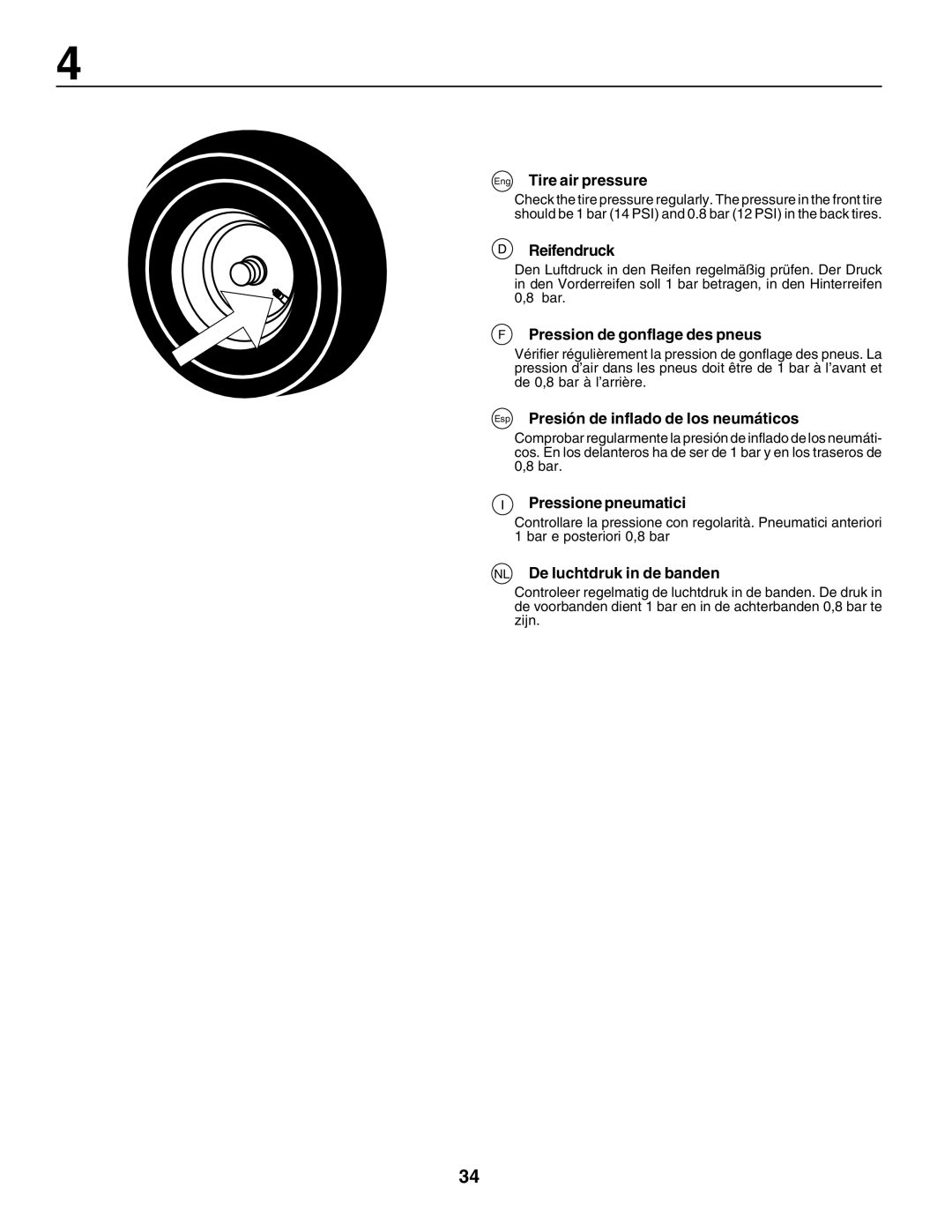 Husqvarna LT135 instruction manual Eng Tire air pressure, Reifendruck, Pression de gonflage des pneus, Pressione pneumatici 