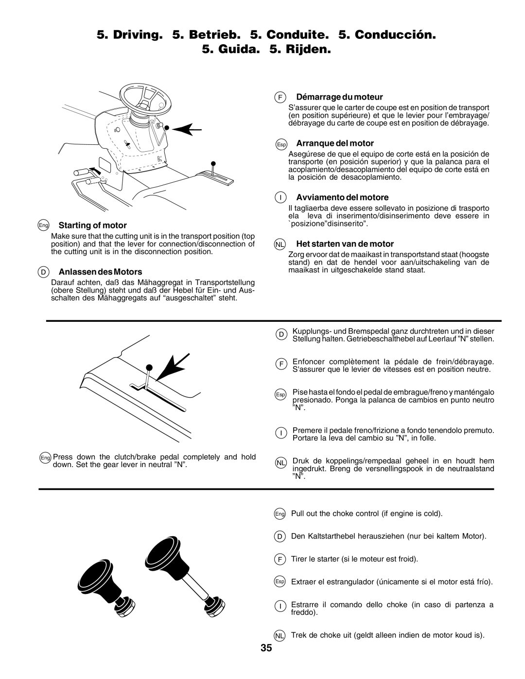 Husqvarna LT135 instruction manual Driving . Betrieb . Conduite . Conducción Guida . Rijden 