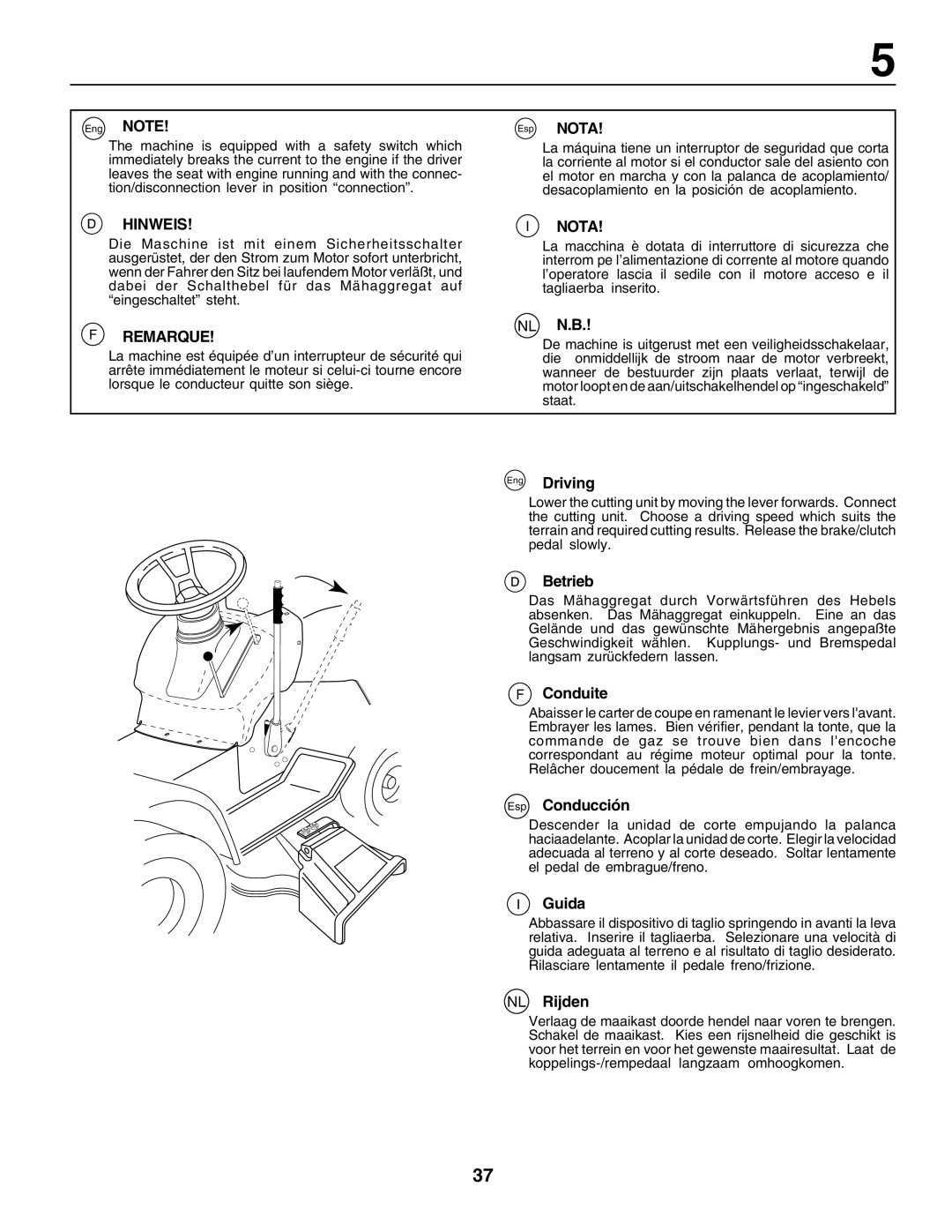 Husqvarna LT135 instruction manual Eng Driving, Betrieb, Conduite, Esp Conducción, Guida, NL Rijden 