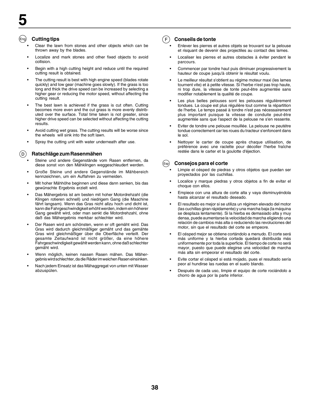 Husqvarna LT135 Eng Cutting tips, Ratschläge zum Rasenmähen, Conseils de tonte, Esp Consejos para el corte 