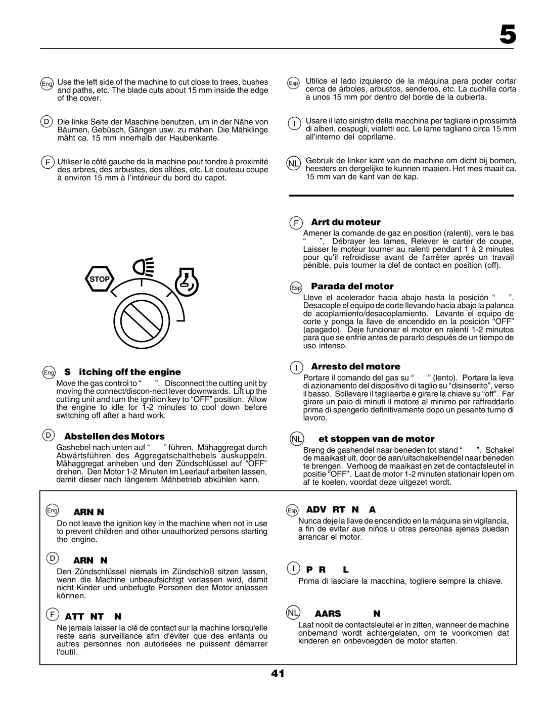 Husqvarna LT135 instruction manual Eng Switching off the engine, Arrêt du moteur, Esp Parada del motor, Arresto del motore 