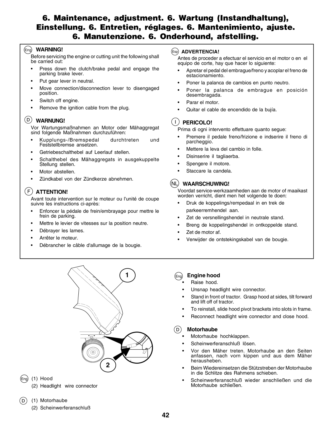 Husqvarna LT135 instruction manual Eng Engine hood, Motorhaube, Esp Advertencia 