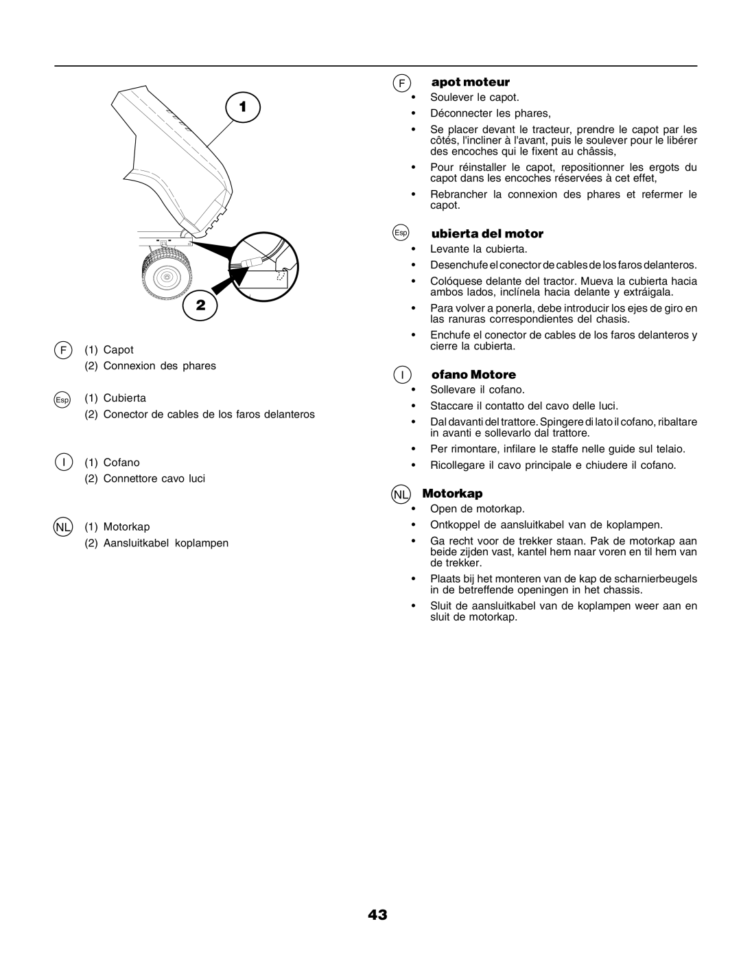 Husqvarna LT135 instruction manual Capot moteur, Esp Cubierta del motor, Cofano Motore, NL Motorkap 