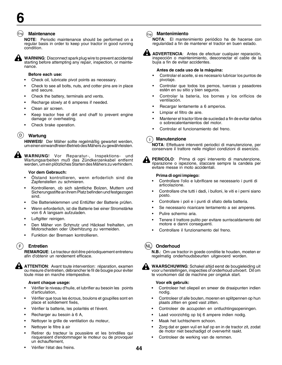 Husqvarna LT135 instruction manual Eng Maintenance, Wartung, Esp Mantenimiento, Manutenzione, Entretien NL Onderhoud 