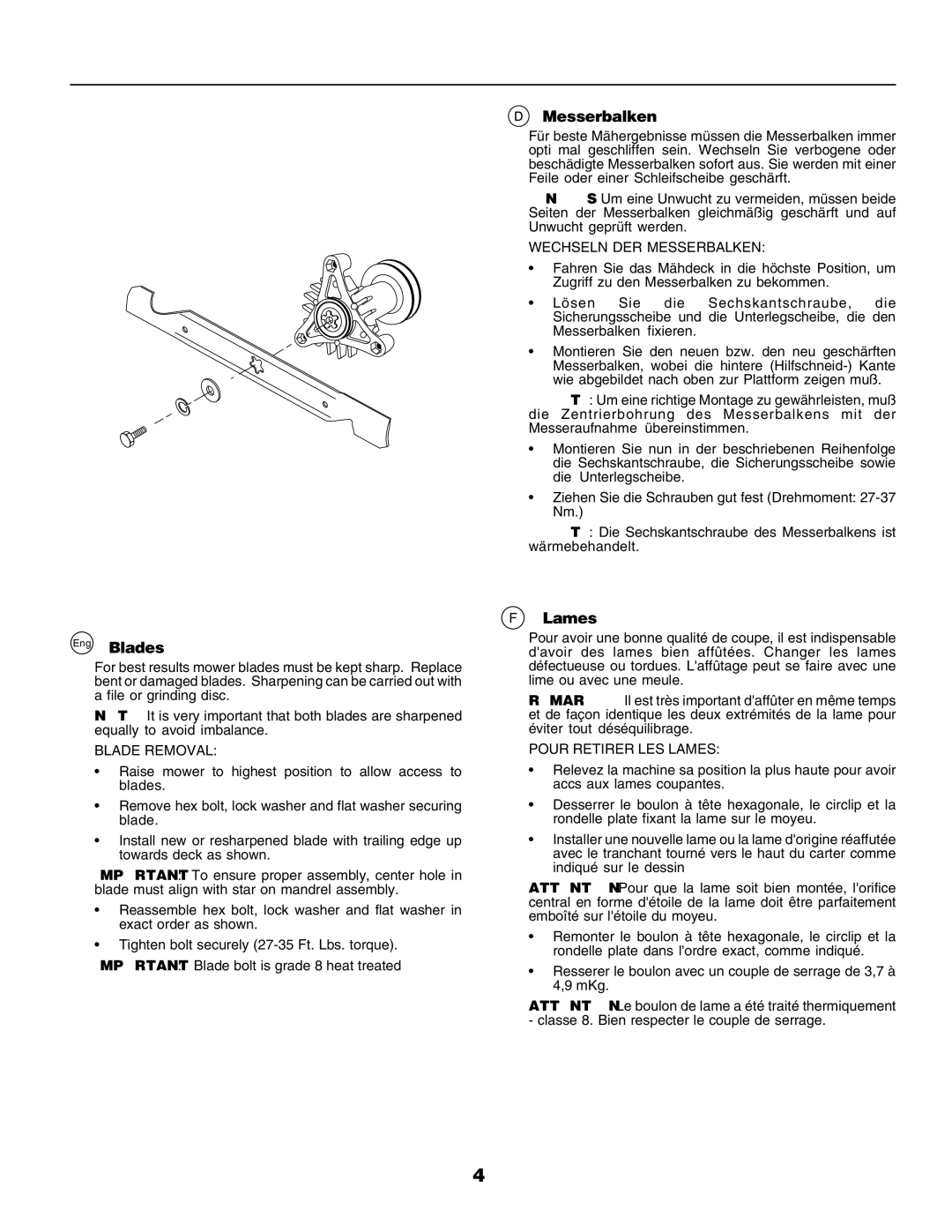 Husqvarna LT135 instruction manual Eng Blades, Messerbalken, Lames 