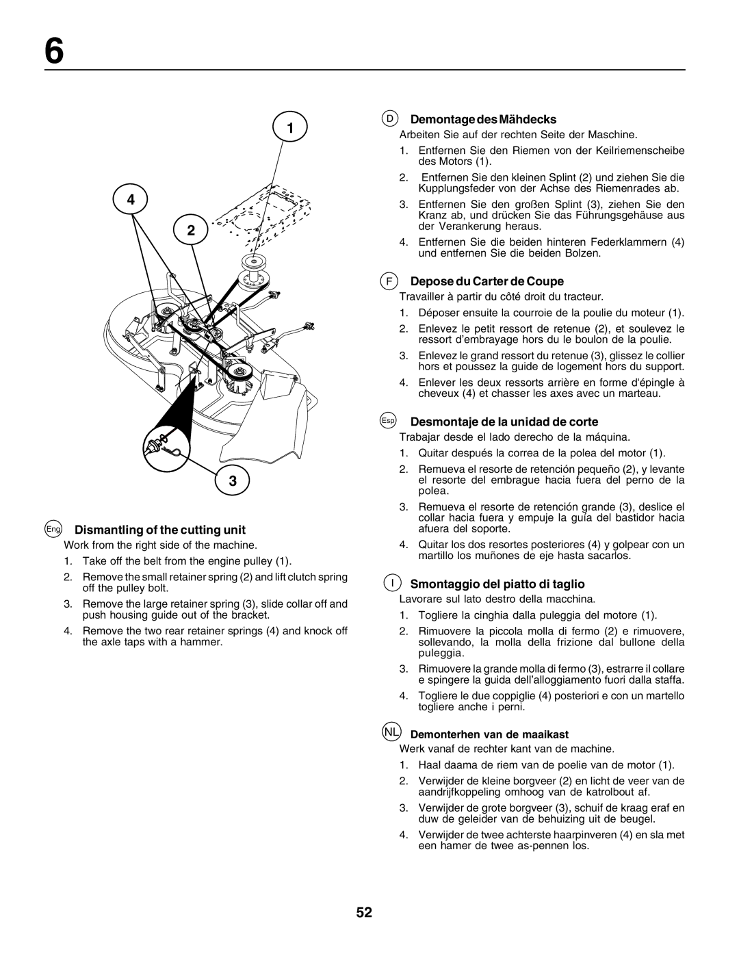 Husqvarna LT135 instruction manual Eng Dismantling of the cutting unit, Demontage des Mähdecks, Depose du Carter de Coupe 