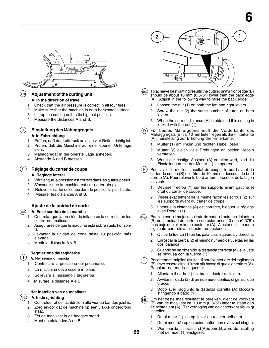 Husqvarna LT135 instruction manual Adjustment of the cutting unit, Einstellung des Mähaggregats, Réglage du carter de coupe 