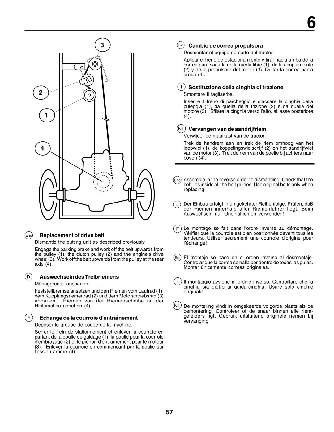 Husqvarna LT135 Eng Replacement of drive belt, Auswechsein des Treibriemens, Echange de la courroie dentraînement 