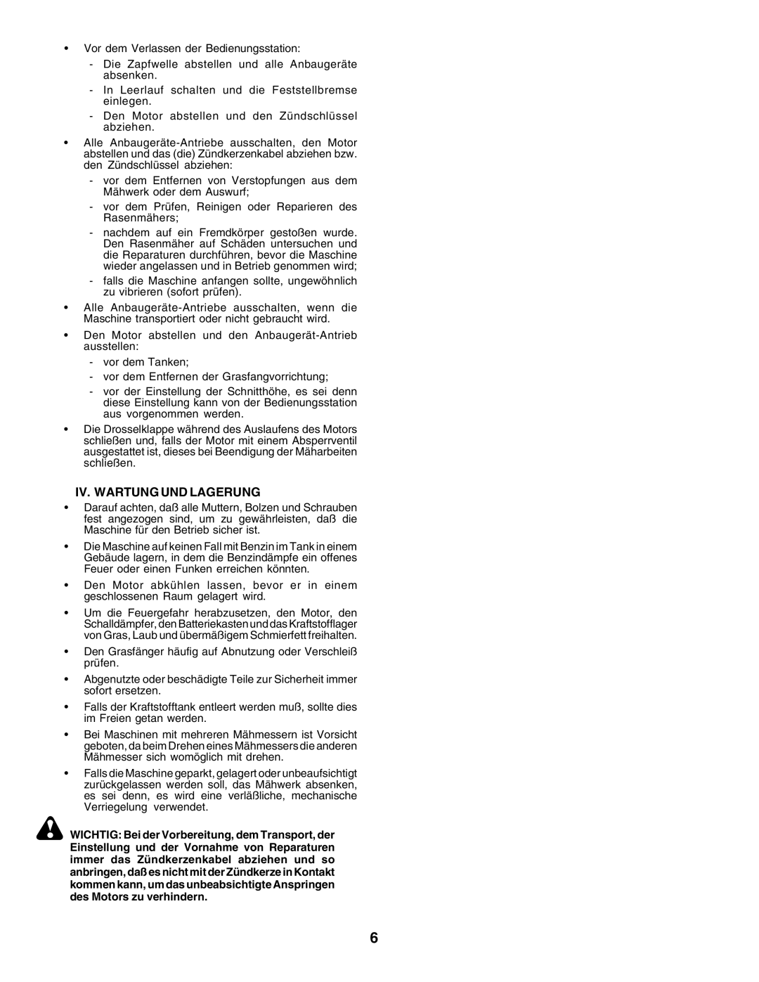 Husqvarna LT135 instruction manual IV. Wartung UND Lagerung 