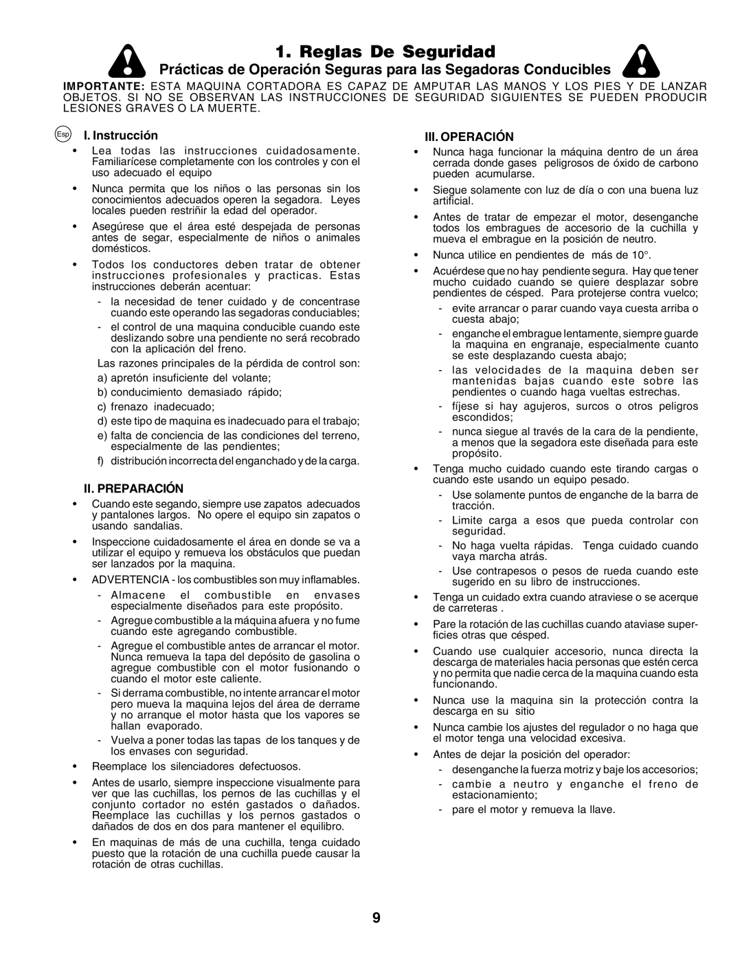 Husqvarna LT135 instruction manual Reglas De Seguridad, Instrucción, III. Operación, II. Preparación 