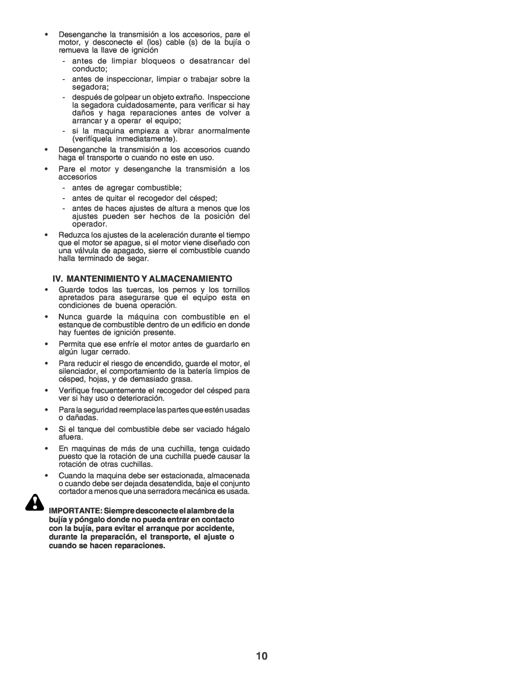 Husqvarna LT135 instruction manual Iv. Mantenimiento Y Almacenamiento 