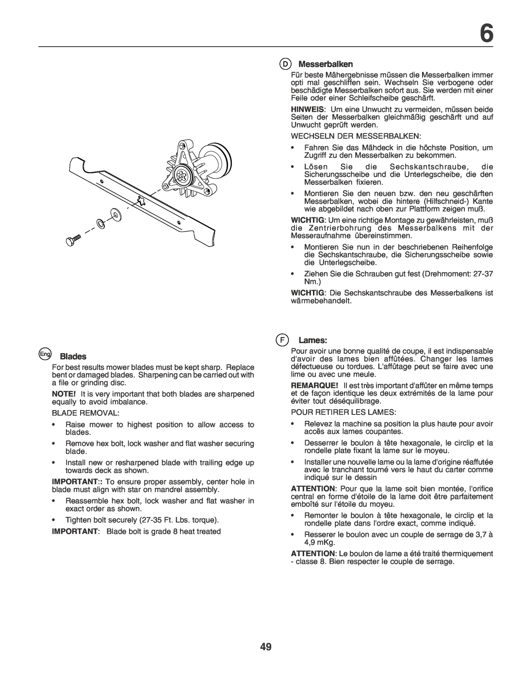 Husqvarna LT135 instruction manual Eng Blades, Messerbalken, F Lames 