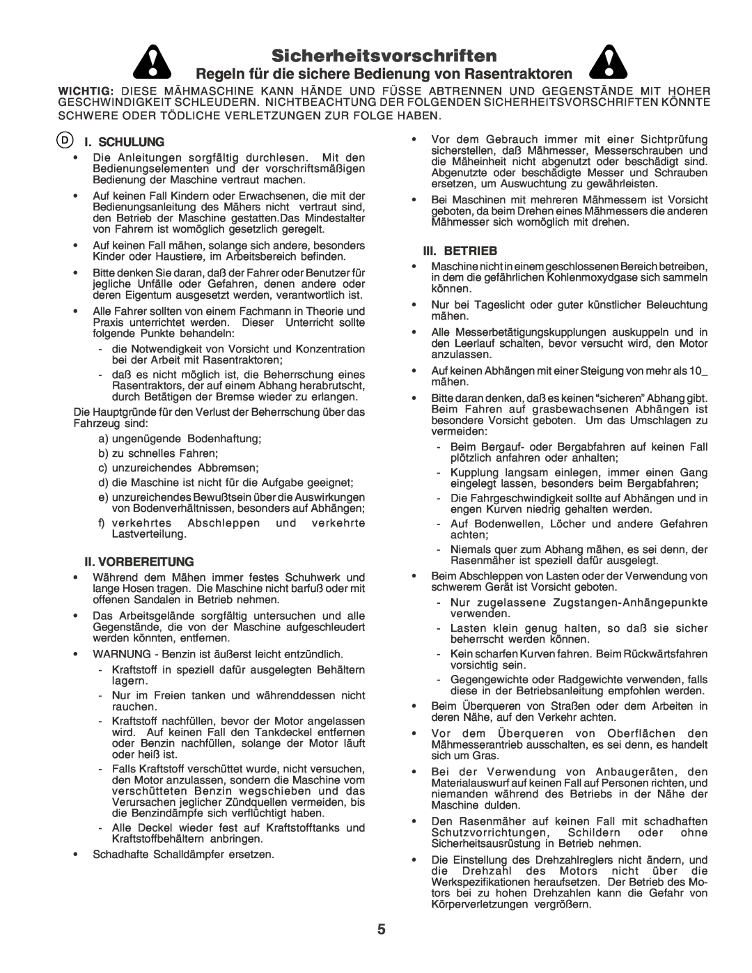 Husqvarna LT135 Sicherheitsvorschriften, Regeln für die sichere Bedienung von Rasentraktoren, I. Schulung, Iii. Betrieb 