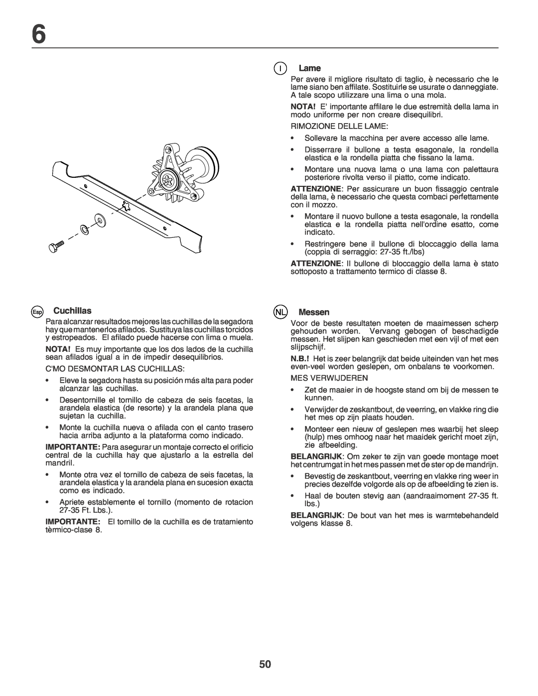 Husqvarna LT135 instruction manual Esp Cuchillas, Lame, NL Messen 