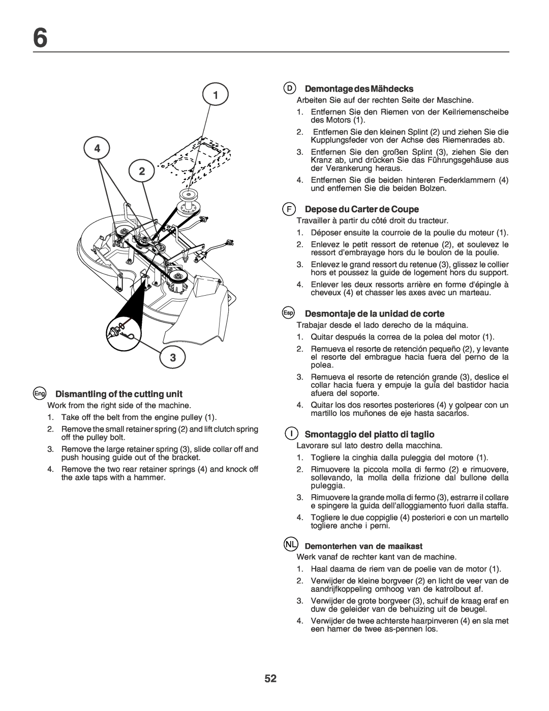 Husqvarna LT135 instruction manual Eng Dismantling of the cutting unit, Demontage des Mähdecks, F Depose du Carter de Coupe 