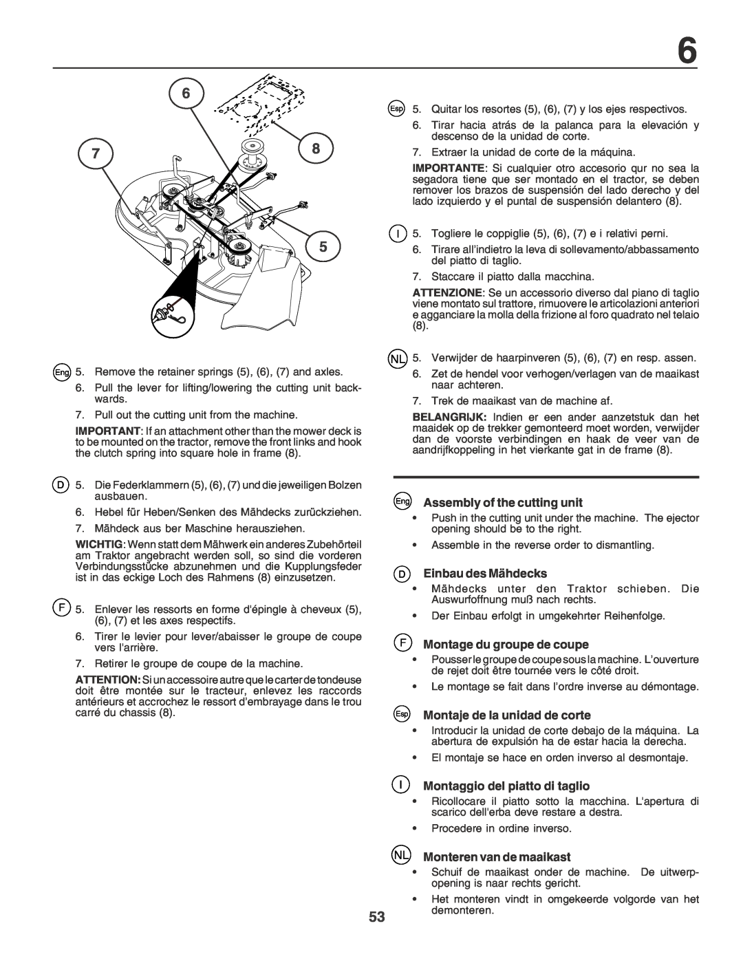 Husqvarna LT135 instruction manual Eng Assembly of the cutting unit, Einbau des Mähdecks, F Montage du groupe de coupe 