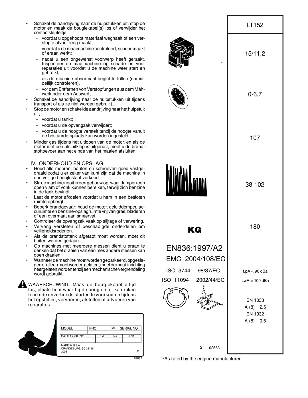 Husqvarna LT152 instruction manual IV. Onderhoud EN Opslag, As rated by the engine manufacturer 