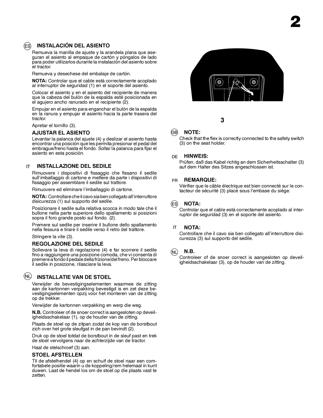 Husqvarna LT152 Instalación DEL Asiento, Ajustar EL Asiento, Installazione DEL Sedile, Regolazione DEL Sedile, Hinweis 