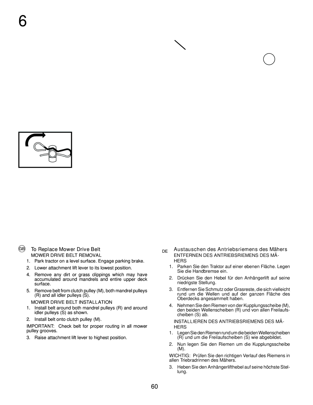 Husqvarna LT152 instruction manual To Replace Mower Drive Belt, Austauschen des Antriebsriemens des Mähers 