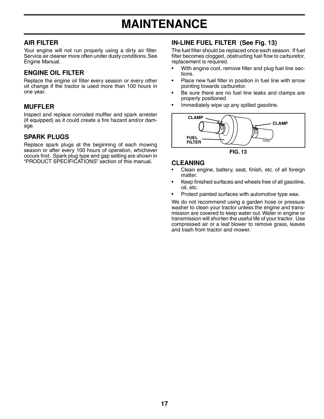 Husqvarna LT1536 owner manual AIR Filter, Engine OIL Filter, Muffler, Spark Plugs, Cleaning 