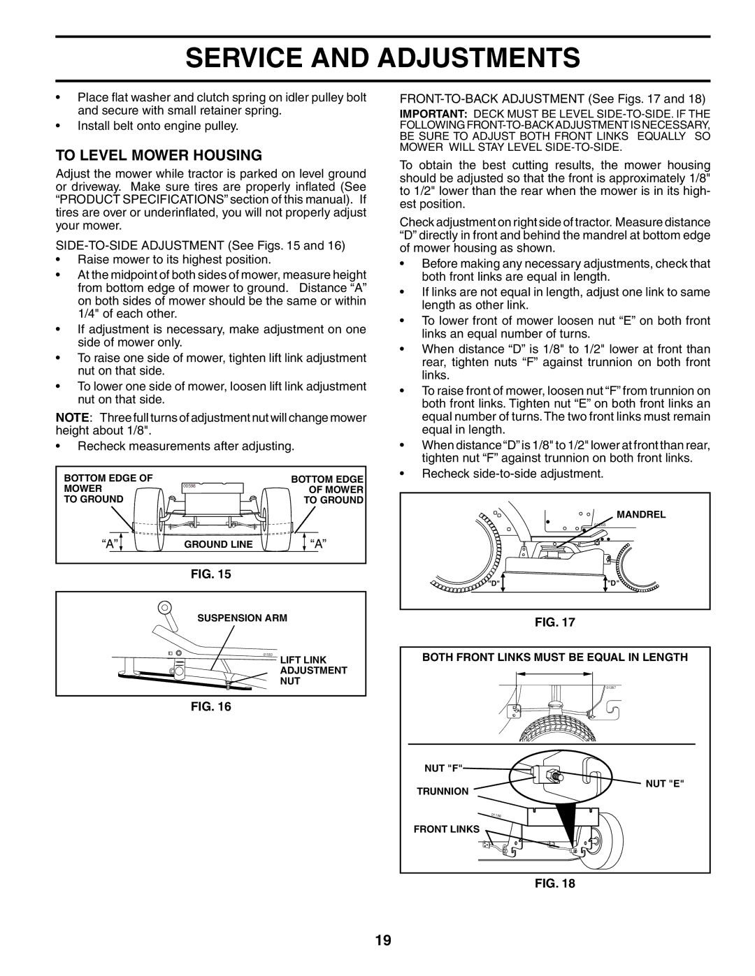 Husqvarna LT1536 owner manual To Level Mower Housing, FRONT-TO-BACK Adjustment See Figs 