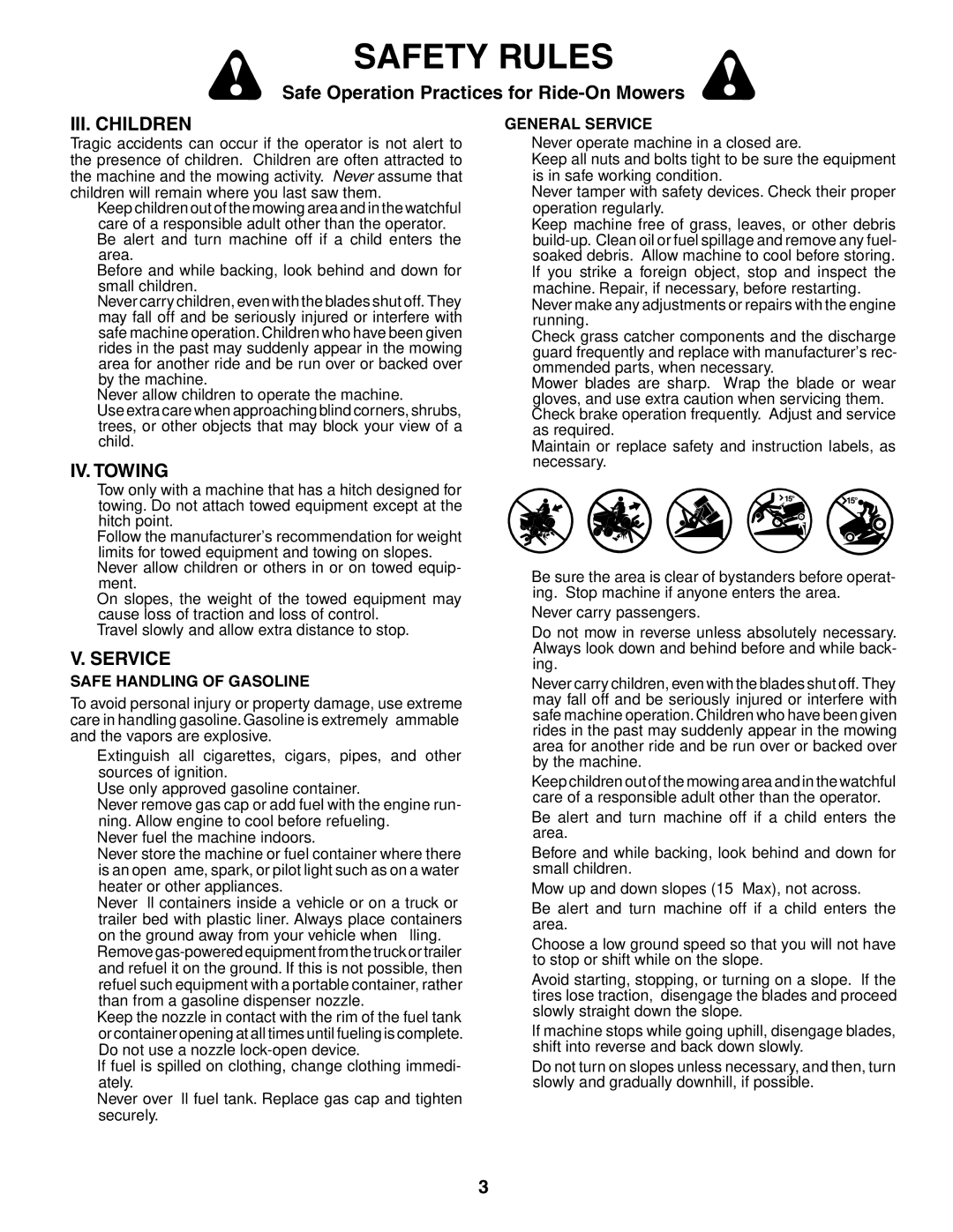 Husqvarna LT1536 owner manual III. Children, IV. Towing, General Service, Safe Handling of Gasoline 