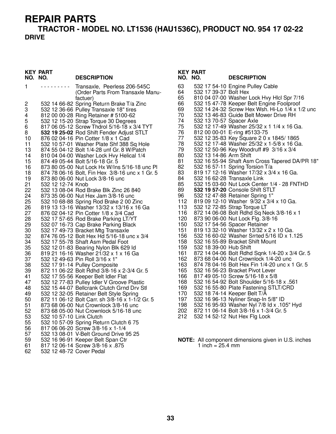 Husqvarna LT1536 owner manual KEY Part NO. no Description 