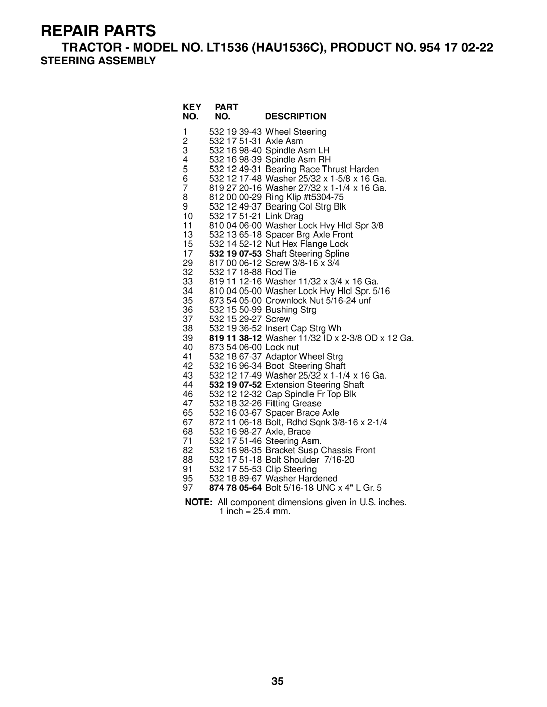 Husqvarna LT1536 owner manual KEY Part NO. NO. Description 