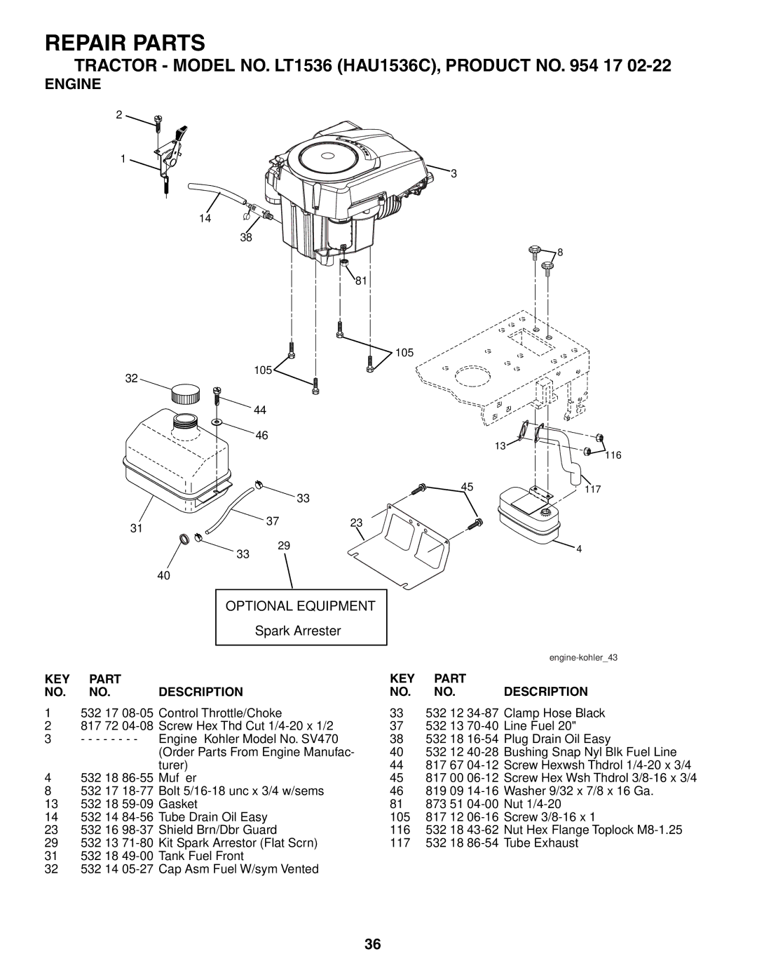 Husqvarna LT1536 owner manual Engine, KEY Part Description 