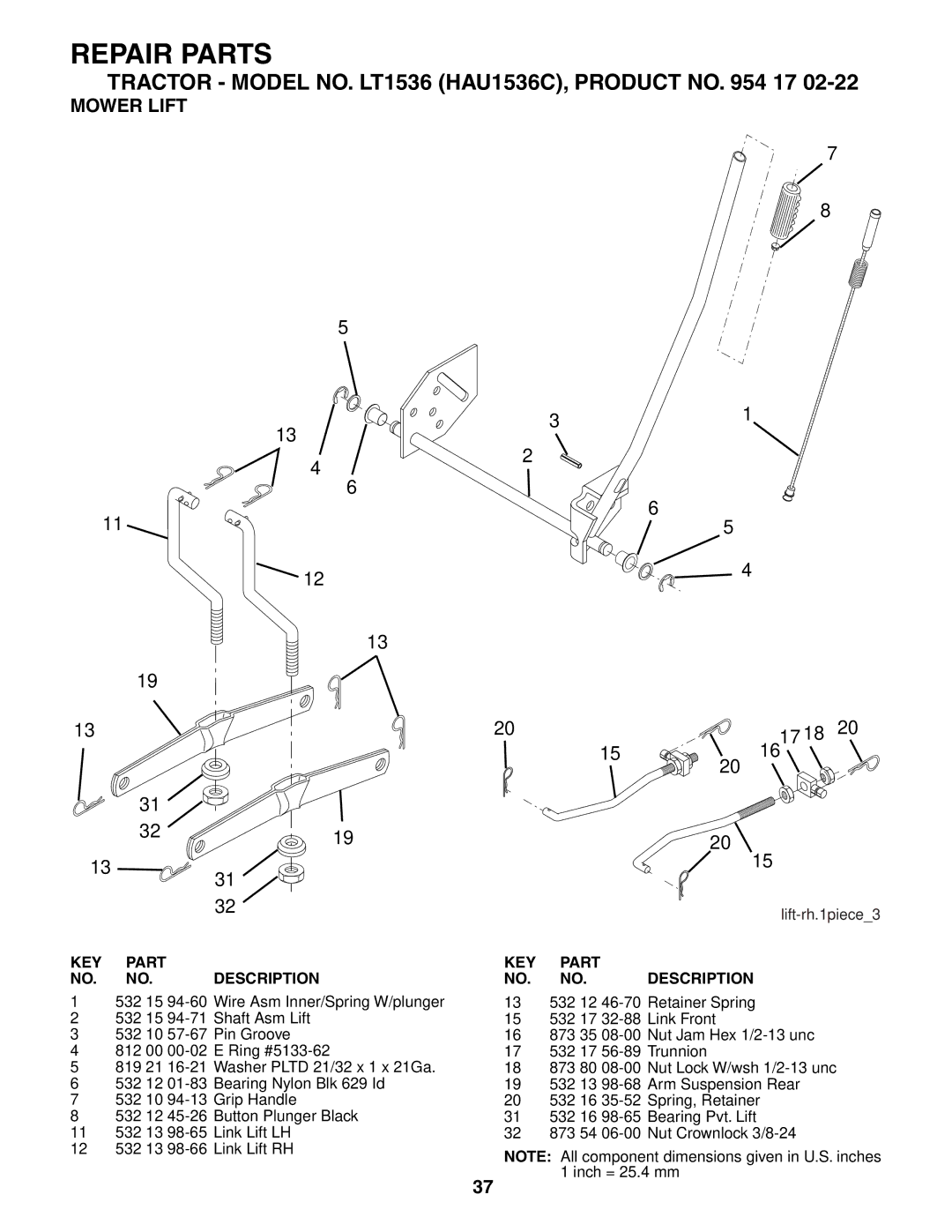 Husqvarna LT1536 owner manual Mower Lift, KEY Part 