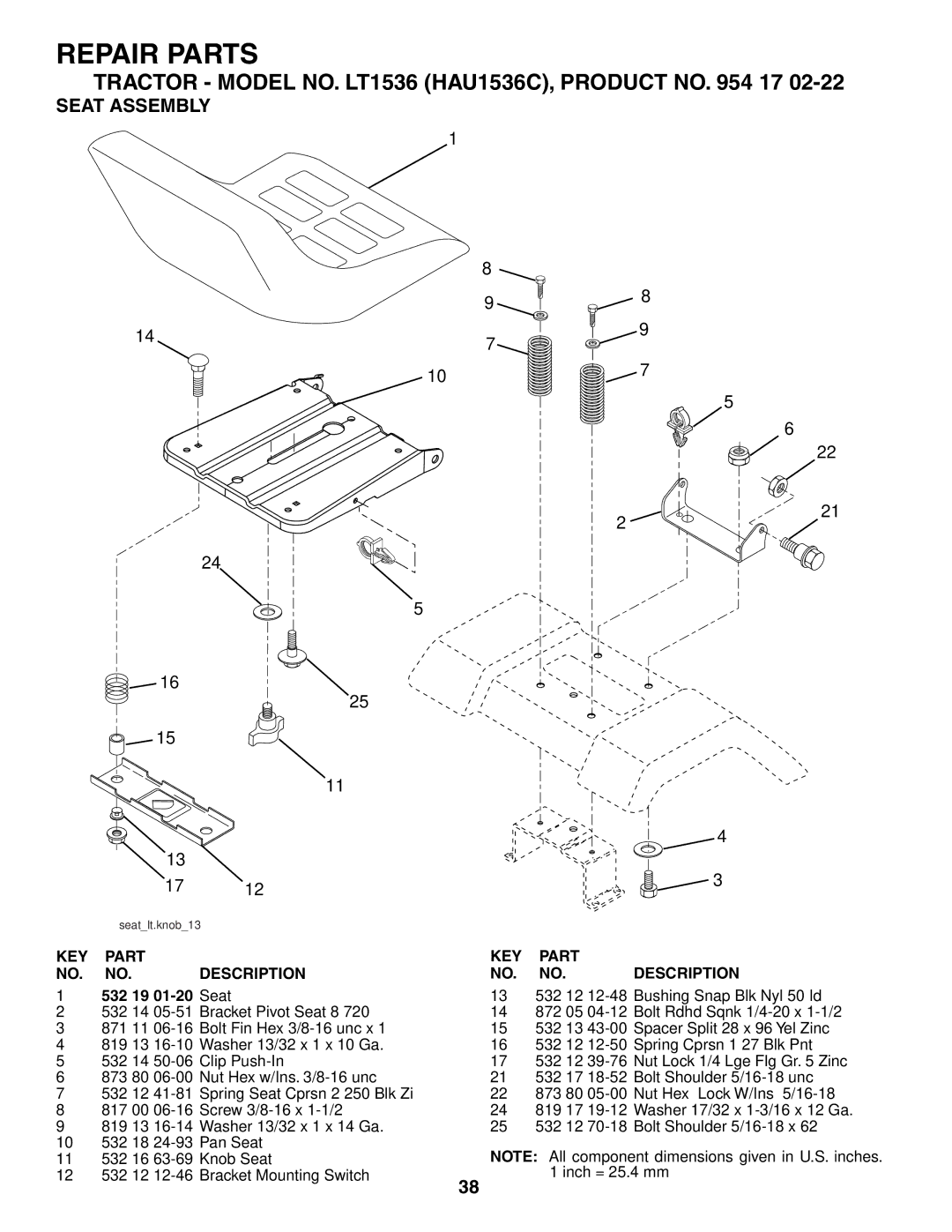 Husqvarna LT1536 owner manual Seat Assembly, 532 19 01-20 Seat 